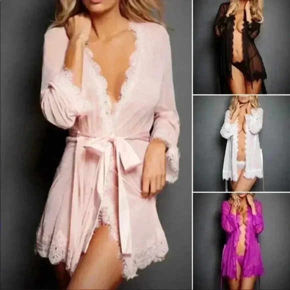 Woman’s Sexy Black Robe G-String Set - Picture 2 of 6